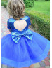 Short Sleeves Royal Blue Sequin Tulle Heart Back Flower Girl Dress